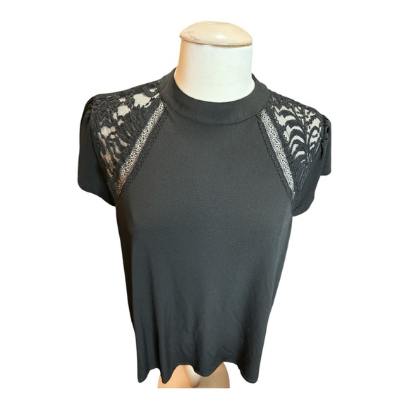 Studio Crepe Jersey Mock Neck Lace Inset Top - Picture 3 of 8